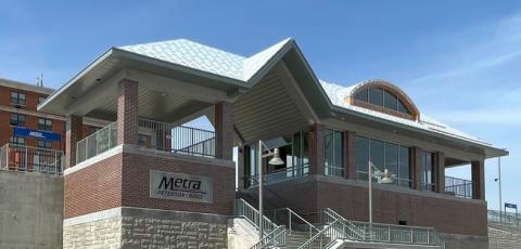 Main entrance for the Peterson Ridge Metra station in Chicago